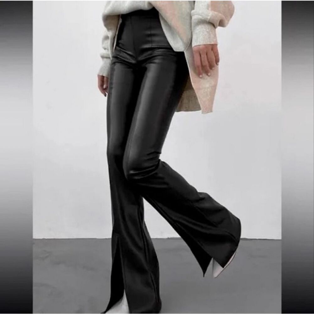 Commense Sleek Black Faux Leather Flared Pants High Waist Split Hem Trousers Lar